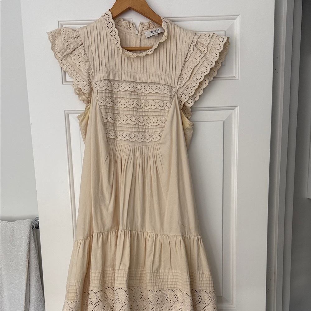 Sea New York Dress in Cream with Lace Eyelet Flutter sleeves & Lace Eyelet Hem